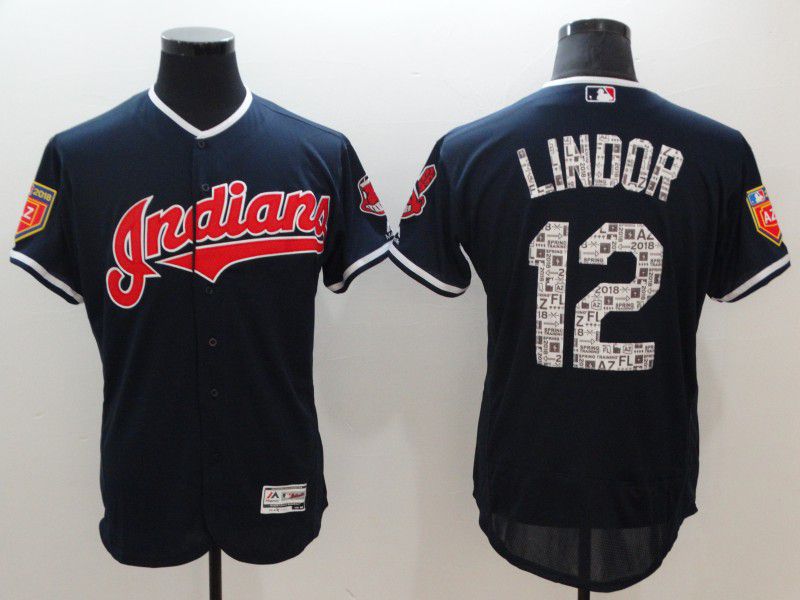 Men Cleveland Indians #12 Lindor Blue Elite Spring Edition MLB Jerseys-0